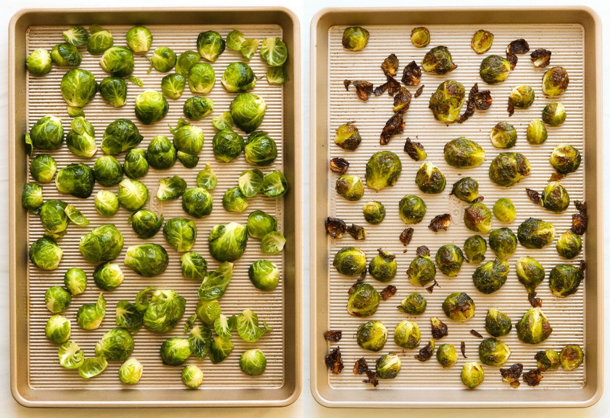 brussels sprouts roasted on a pan before and after cooking.