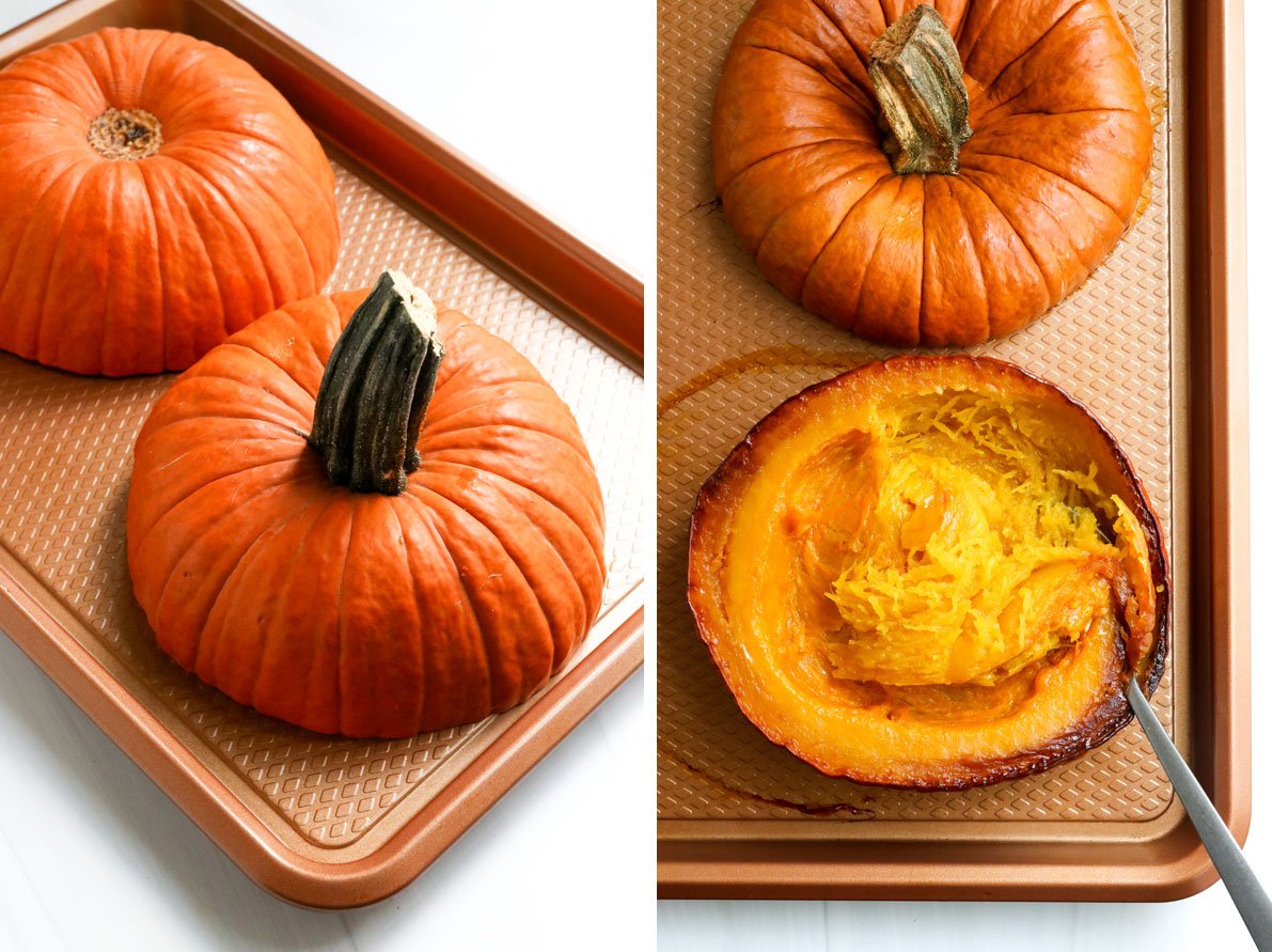 pumpkin sliced in half and roasted on baking sheet