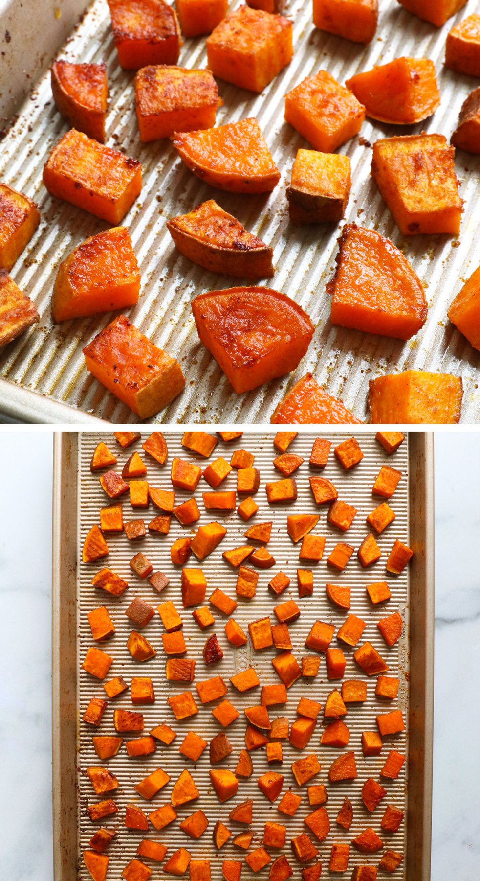 sweet potatoes after 15 minutes of cooking on a sheet pan.