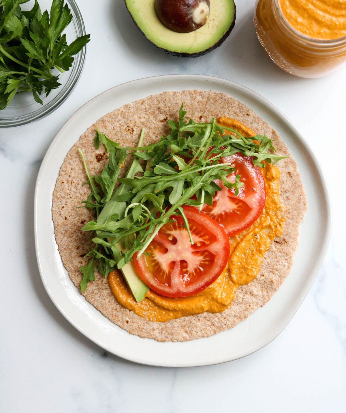 romesco sauce on veggie wrap