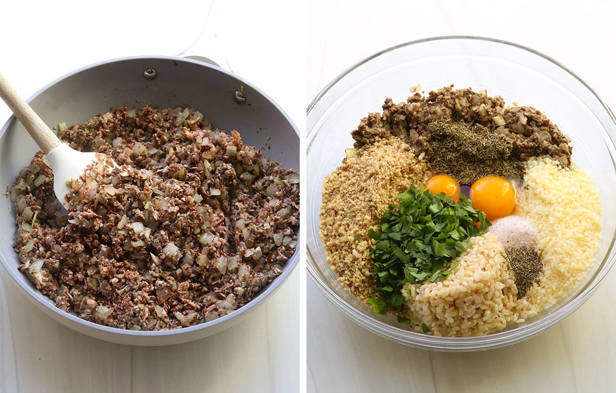 mushrooms cooked in pan and added to large mixing bowl.