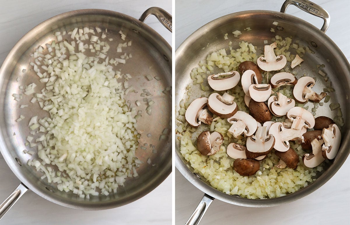 sauteed onion and mushrooms in pan.