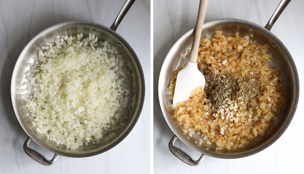 onions sauteed in skillet with spices.