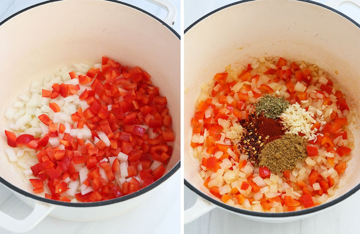 veggies and spices cooked together in white soup pot.