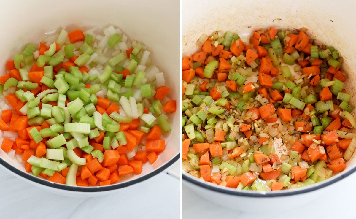 veggies sauteed in pot with herbs.