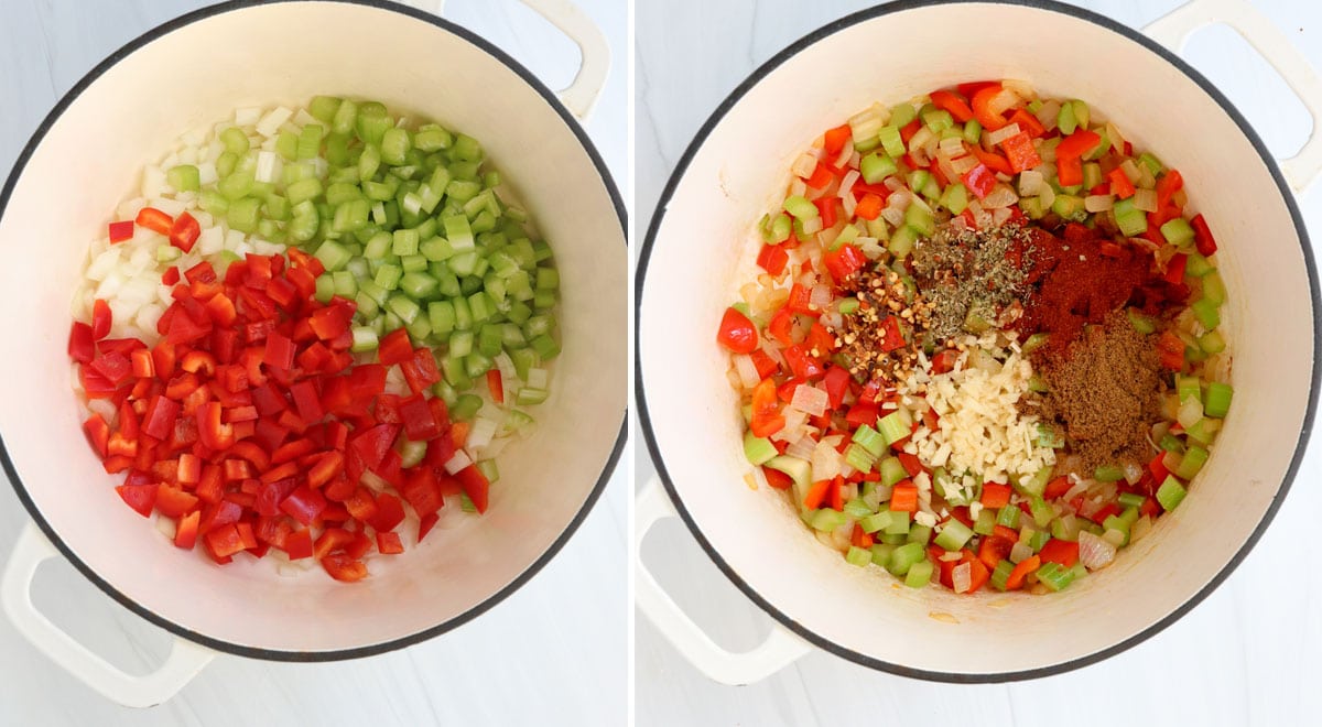 veggies and spices for black bean soup in pot