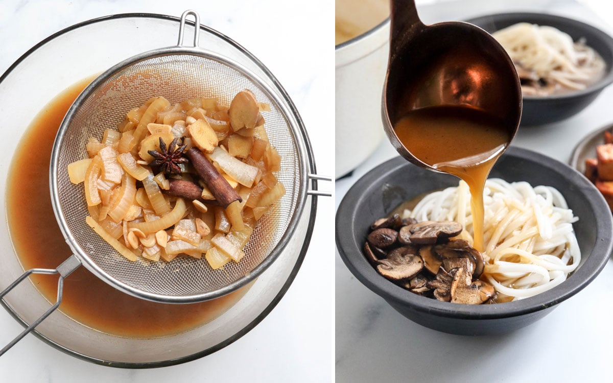 strained broth added to bowls of noodles and mushrooms