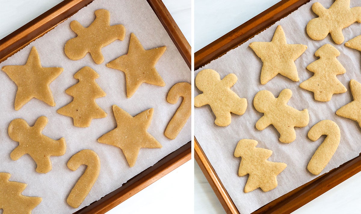 almond flour sugar cookies baked on a pan.