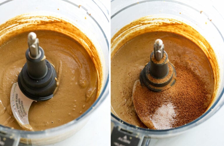 sunflower butter with drippy consistency and seasonings added to food processor.