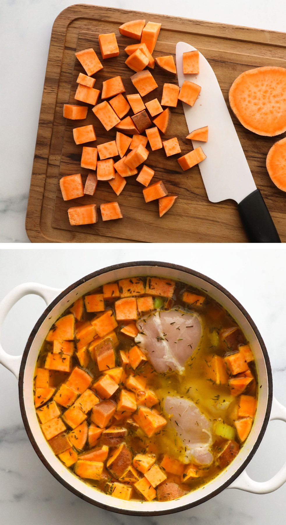 sweet potatoes cubed on a cutting board and added to soup with chicken.