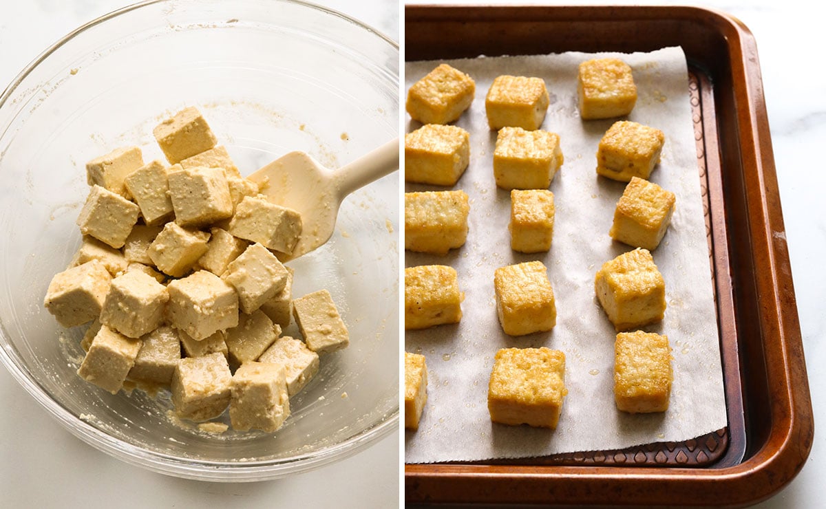 tofu mixed with seasonings and baked on a pan.