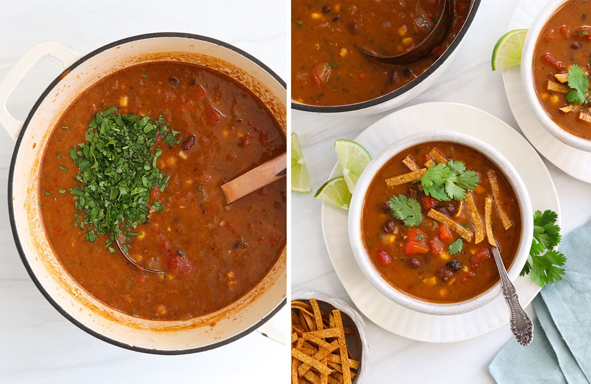 cilantro added to soup pot and served in white bowls.