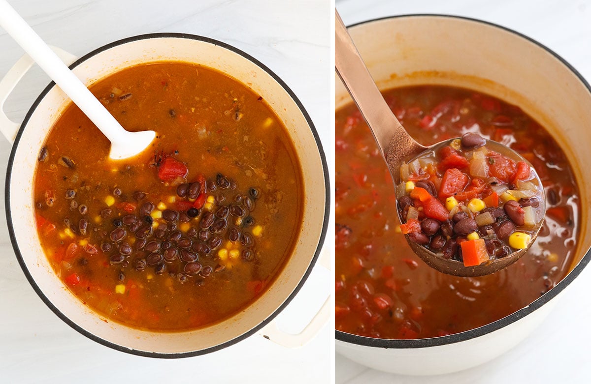 soup cooked in broth and lifted up on ladle.