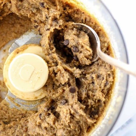 edible cookie dough in food processor with spoon