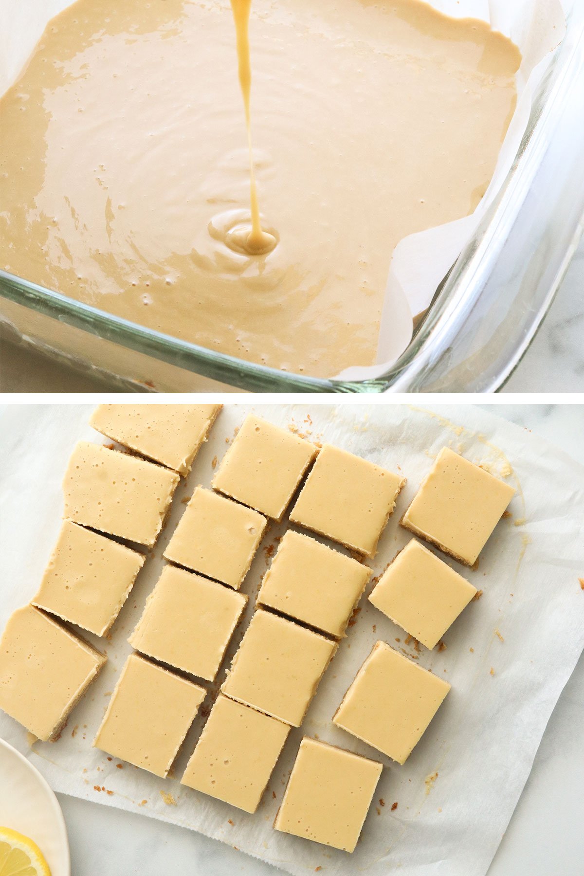 vegan lemon filling chilled and sliced into bars.