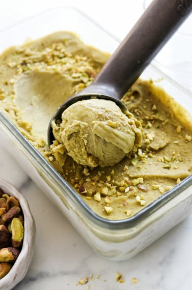 vegan pistachio ice cream with scoop