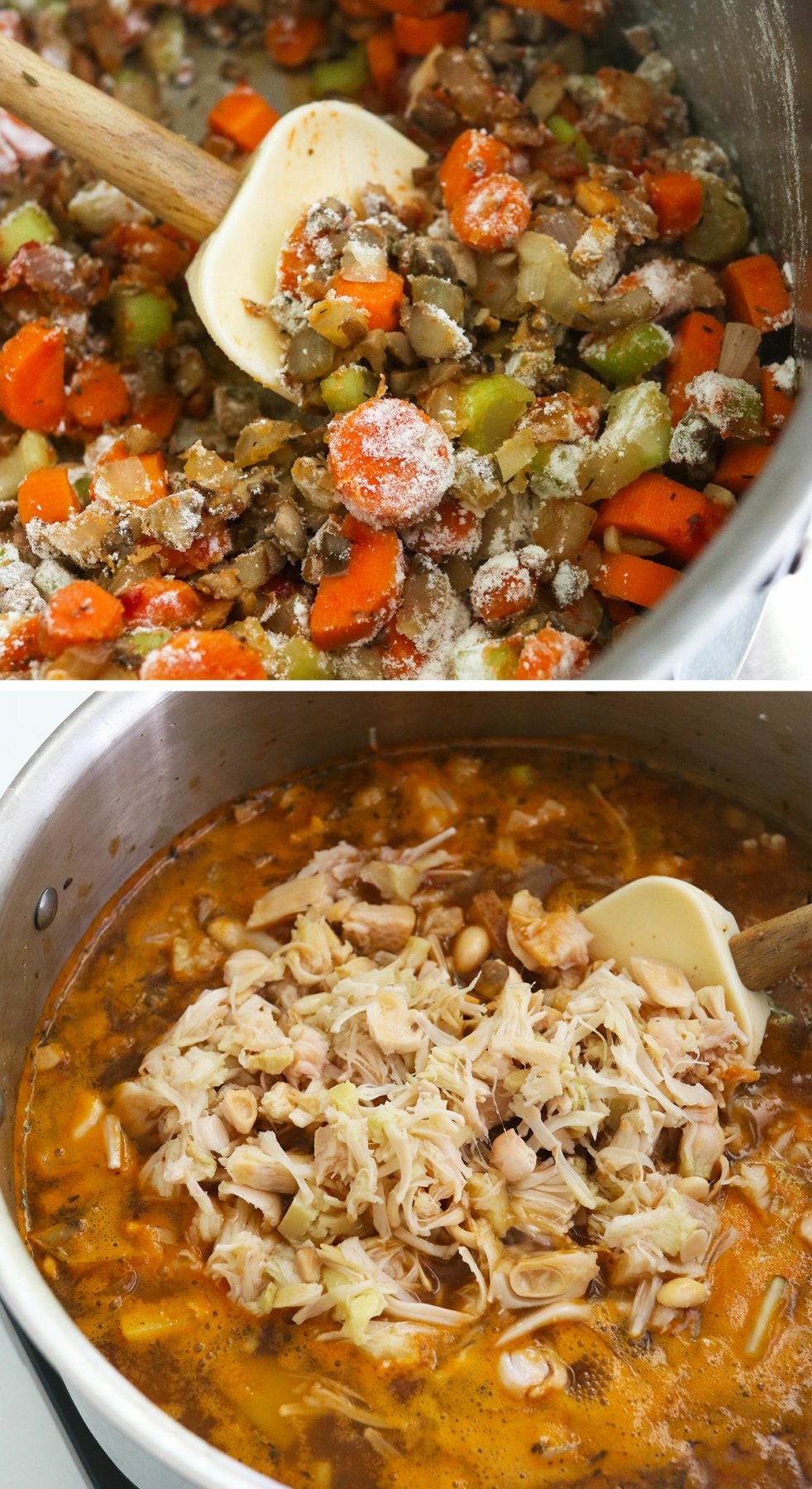 veggies coated in flour and then jackfruit added to the stew pot.